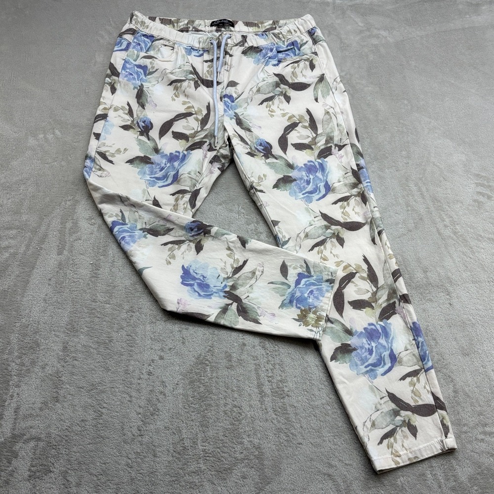 Charlie B Jogger Pants Women L Cream Blue Floral Cottagecore Casual Chic Garden